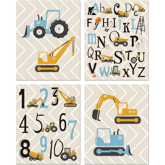 Cartoon Construction Art Print, Set of 4 (8X10”) Trucks,Digger,Transport Vehicle Canvas Poster,Alphabet Numbers Art Painting Set,Boy Bedroom Classroom Decor,Unframed