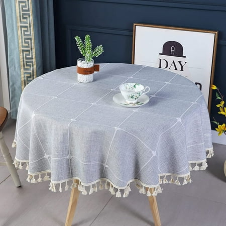Round Grey Checd Tablecloth Diameter 48 Inch 122cm Neutral Color Cotton Linen Table Cloth Heavy Weight Stitching Tassel Tablecloths For Coffee Room Kitchen Picnic Outdoor Canada Neutral Color Cotton Linen Table Cloth, 48in Round Tablecloth