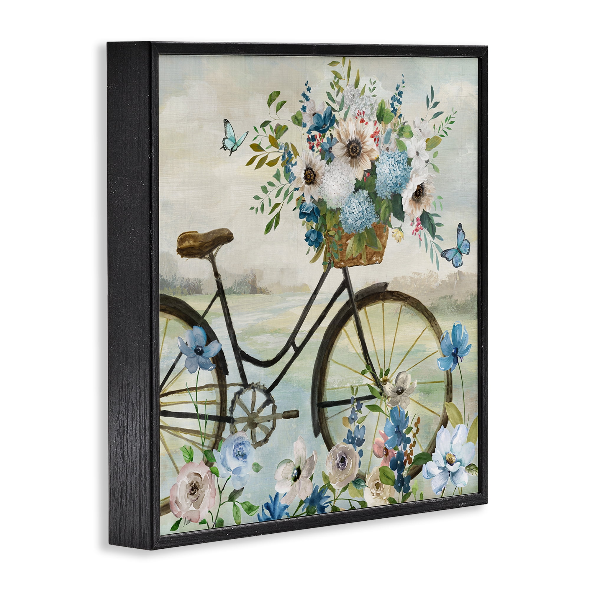 Stupell Industries Floral Bicycle & Butterflies Transportation Painting Black Framed Art Print Wall Art, 12 x 12