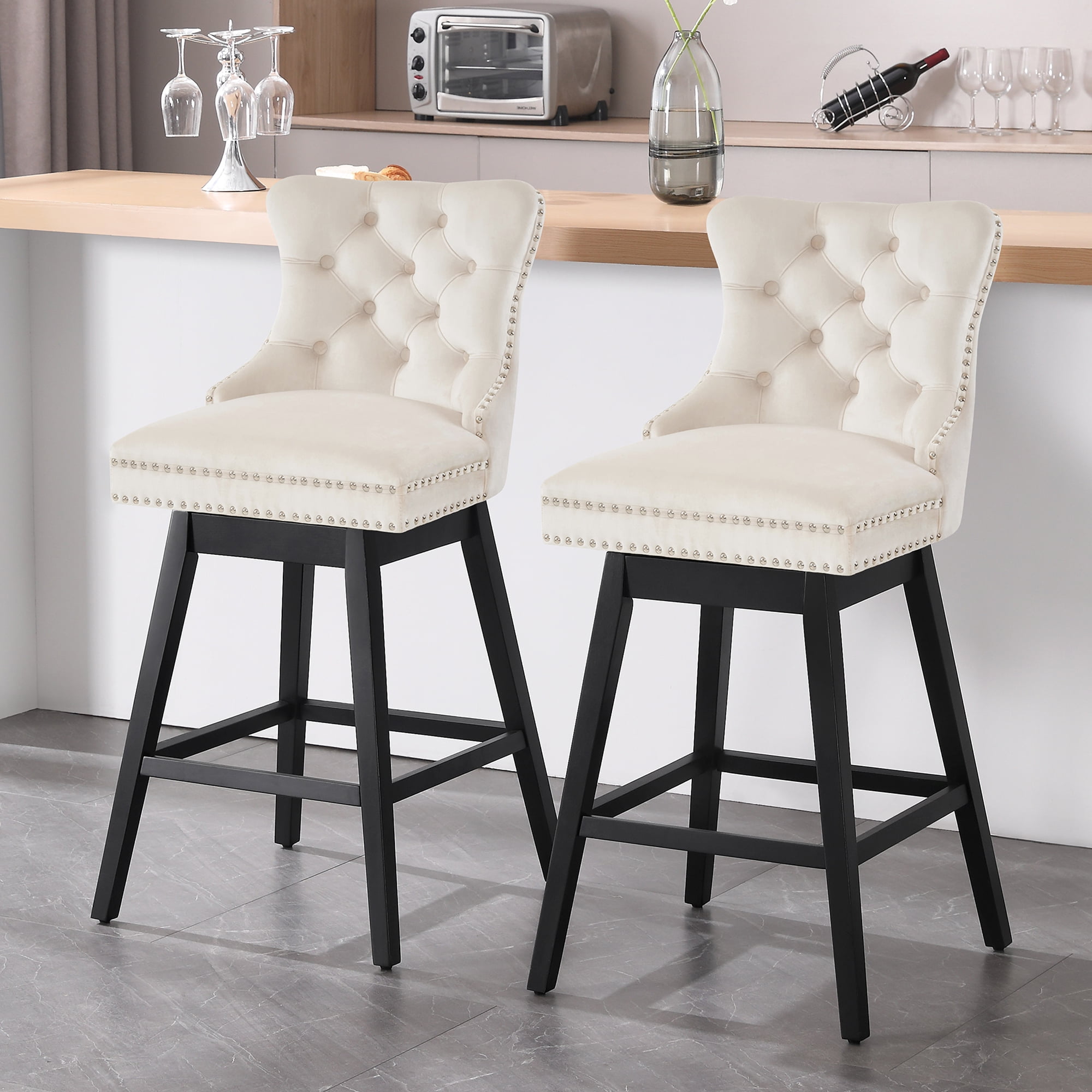 Tewloss 26" Swivel Bar Stools Set of 2 Velvet Counter Height Chairs for Home Kitchen Dining, Beige
