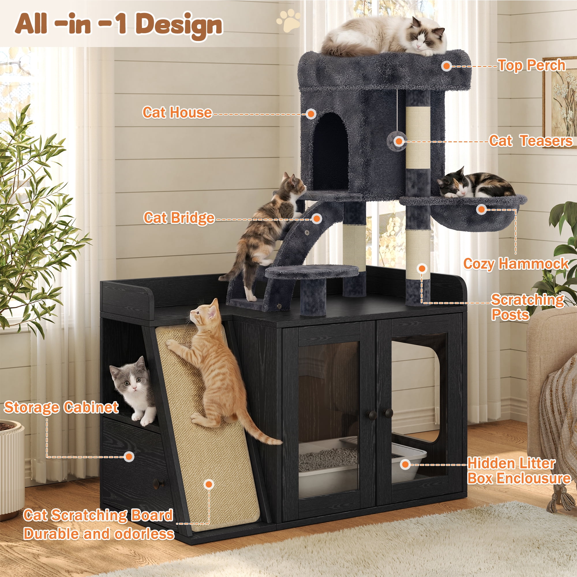 Euroco Cat Tree with Litter Box Enclosure, All-in-one Cat Tower with LED Light,Sisal Scratching Post,Hammock,House,Platform & Storage Space,Hidden Litter Box Furniture with Condo,Black