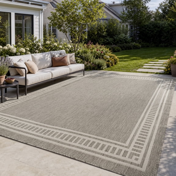 SIXHOME 9' x 12' Outdoor Area Rug, Gray Modern Bordered Patio Rug, Indoor Outdoor Rug for Deck, Porch, Backyard, Living Room