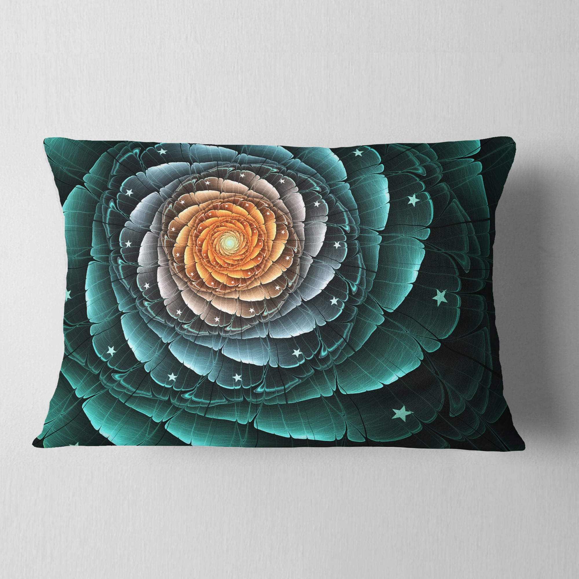 Designart Fractal Flower Turquoise Digital Art - Floral Throw Pillow - 12x20