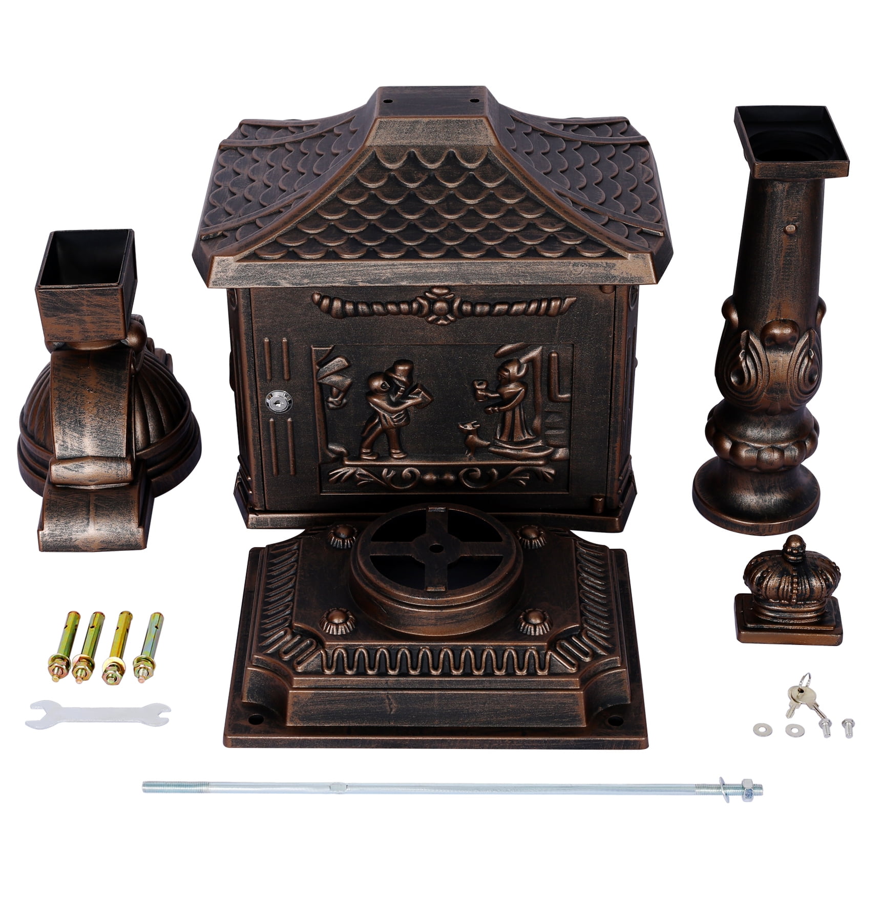 Cast Aluminum Mailbox - Bronze Postal Box with Lock & Keys - Large, Heavy Duty, 45.5" Tall