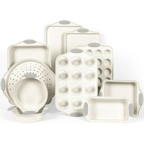 10-Piece Nonstick Baking Pans Set, Stackable Non-Toxic Bakeware Sets with Silicone Handle, Oven Pan Set for Cooking, Includes Easy Release Cookie Sheet, Roasting Pan, Muffin Tin (Cream)