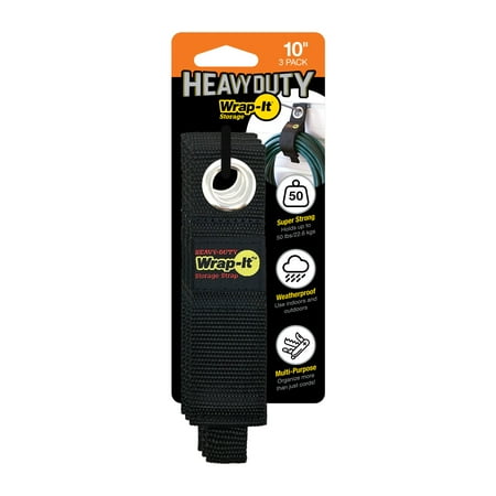 Wrap-It Storage - Heavy-Duty Straps, 10-inch (3-Pack)- Extension Cord Organizer, Cord Wrap Keeper, Cable Straps for Cords - Black