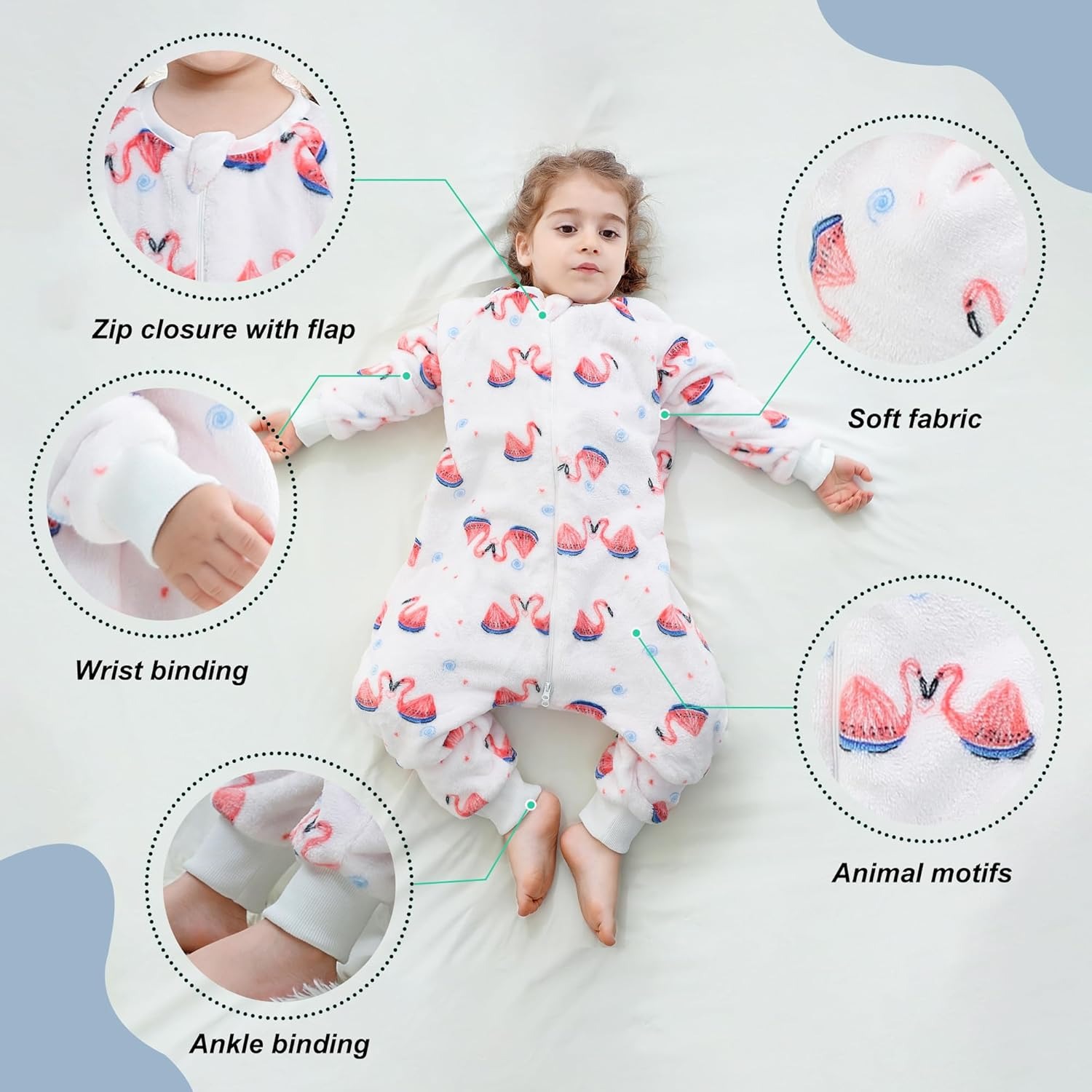 ATAIKU Toddler Sleeping Sack 9M-6T Winter Warm Flannel 2-Way Zipper Baby Sleep Sack with Feet, Infant Animal Flamingos Wearable Blanket