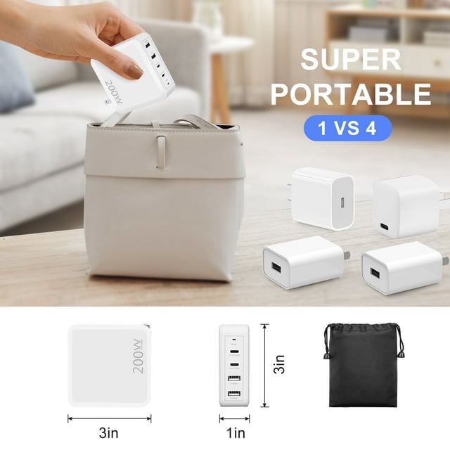 200W 4-Port Fast Charger 85W USB C Charging Adapter 3.1A Dual USB Wall Charger Compatible with , iPad Pro, iPhone, Samsung Galaxy,Include 4 Pack Charge Cable（6.6ft）