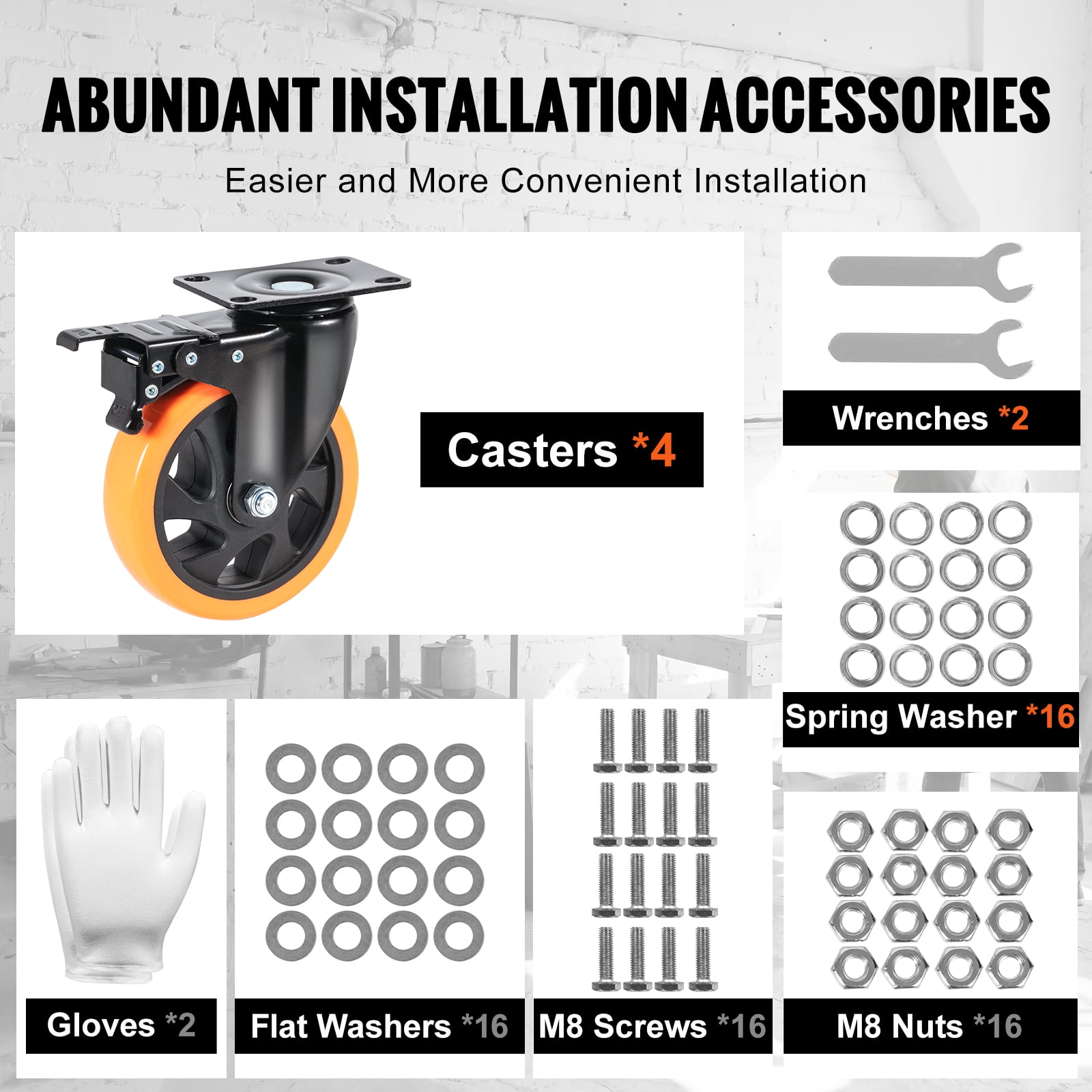 VEVOR Caster Wheels,5-inch Swivel Plate Casters, Set of 4, with Security A/B Locking No Noise PVC Wheels, Heavy Duty 450 lbs Load Capacity Per Caster, Non-Marking Wheels for Cart Furniture Workbench