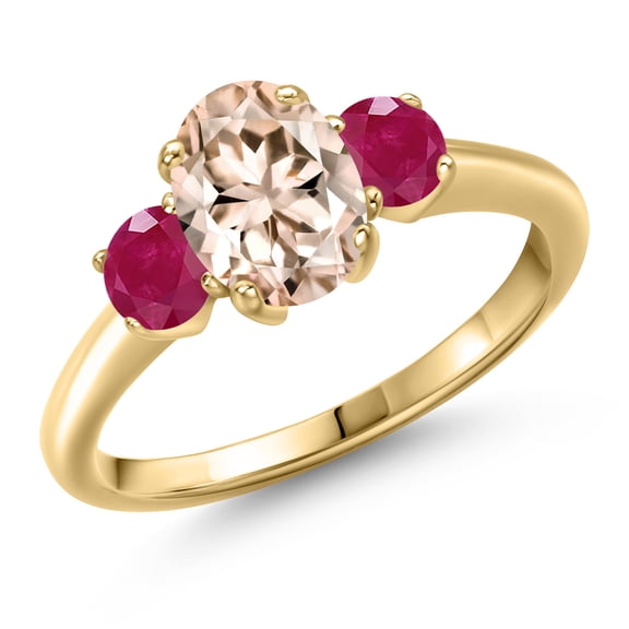 Gem Stone King 10K Yellow Gold Peach Morganite and Red Ruby Engagement Ring for Women | 1.70 Cttw | Oval 8X6MM | Gemstone October Birthstone | Size 7