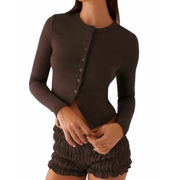 Blusas de Larga para Mujer, Cárdigan Ligero de Otoño, Camisetas para Salir, Blusas Acanaladas con Botones, Lindas y A Café XL