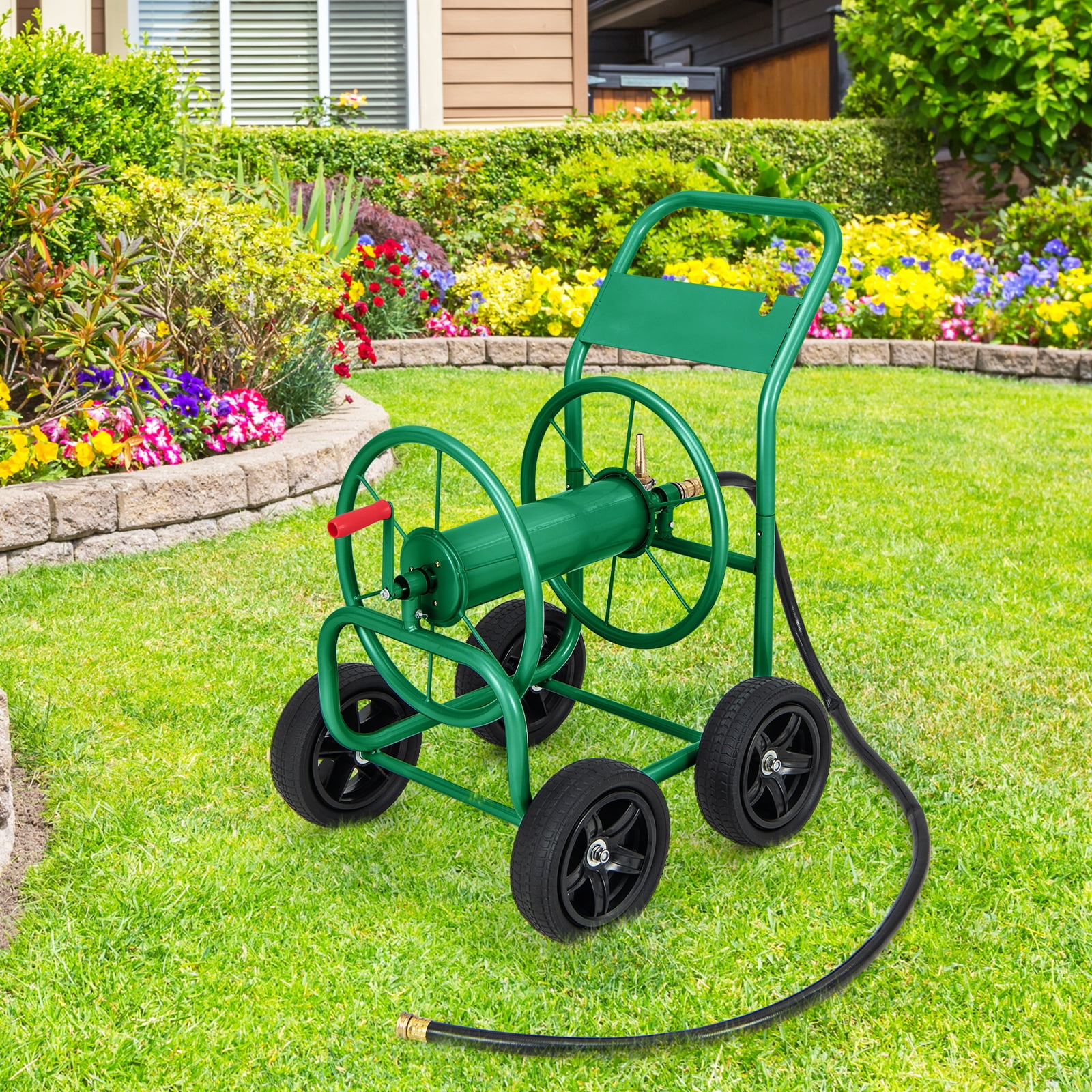 Patiojoy 4-Wheel Garden Water Hose Reel Cart Heavy Duty Wheel Water Planting Cart with Non-slip Crank Handle, Outdoor Slide Hose Guide System Green