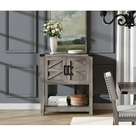 WAMPAT Farmhouse Wood Sideboard, Modern Buffet Cabinet with Open Storage for Living Room, Kitchen, Magnetic Door Catch, 5-Level Adjustable Shelf, Riveted Metal Braket, Wash Grey