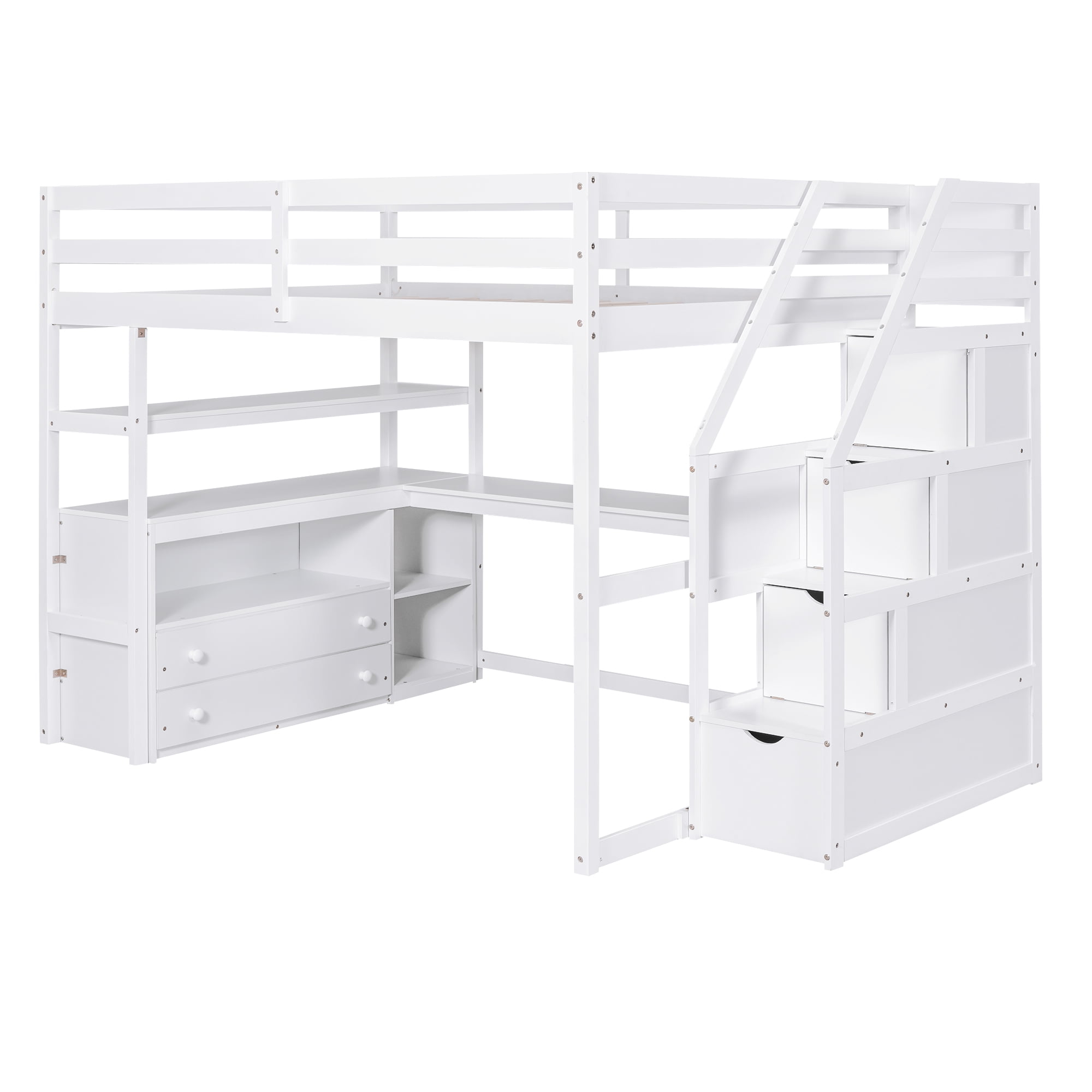 MAYEERTY Full Size Loft Bed - Desk, Shelves, 2 Built-in Drawers, Storage Staircase, White