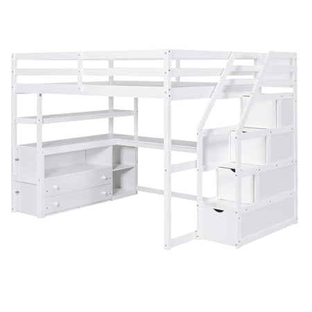Full Size Loft Bed with Desk, Shelves, Drawers, Storage Staircase - White, Space-Saving Solution for Kids' Bedroom