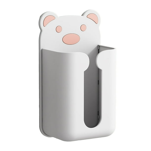 Dispensador de pañuelos de plástico para pared con diseño de oso, sin perforaciones, para el baño, color blanco y rosa