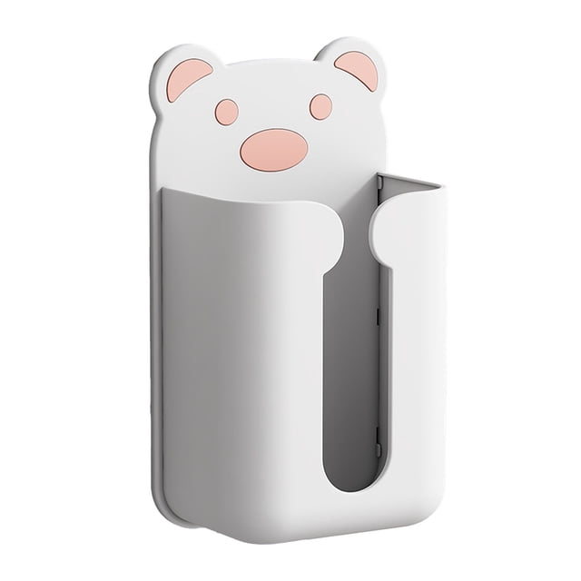 Dispensador de pañuelos de plástico para pared con diseño de oso, sin perforaciones, para el baño, color blanco y rosa