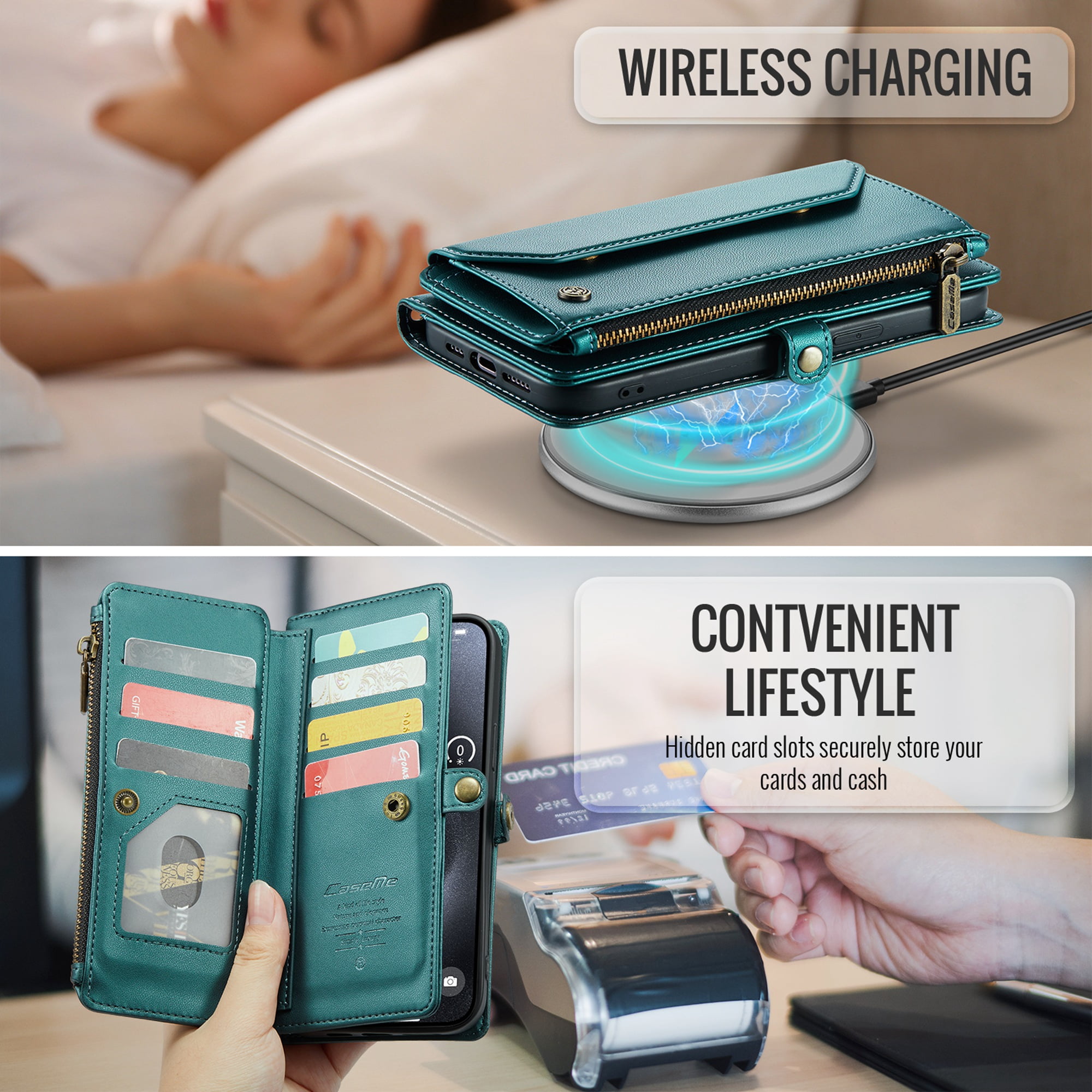 Dteck Crossbody Wallet Case for iPhone 16 RFID Blocking 10-Card Holder Soft PU Leather Magnetic Snap Shoulder Strap Zipper Pocket Phone Case Fit for iPhone 16,Green