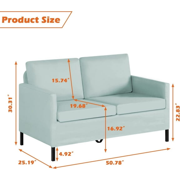 51" W Loveseat Sofa Modern Upholstered Sofa Couch with 2 Pillows Linen Fabric Love Seat Sofa for Living Room, Bedroom, Apartment (Light Blue)