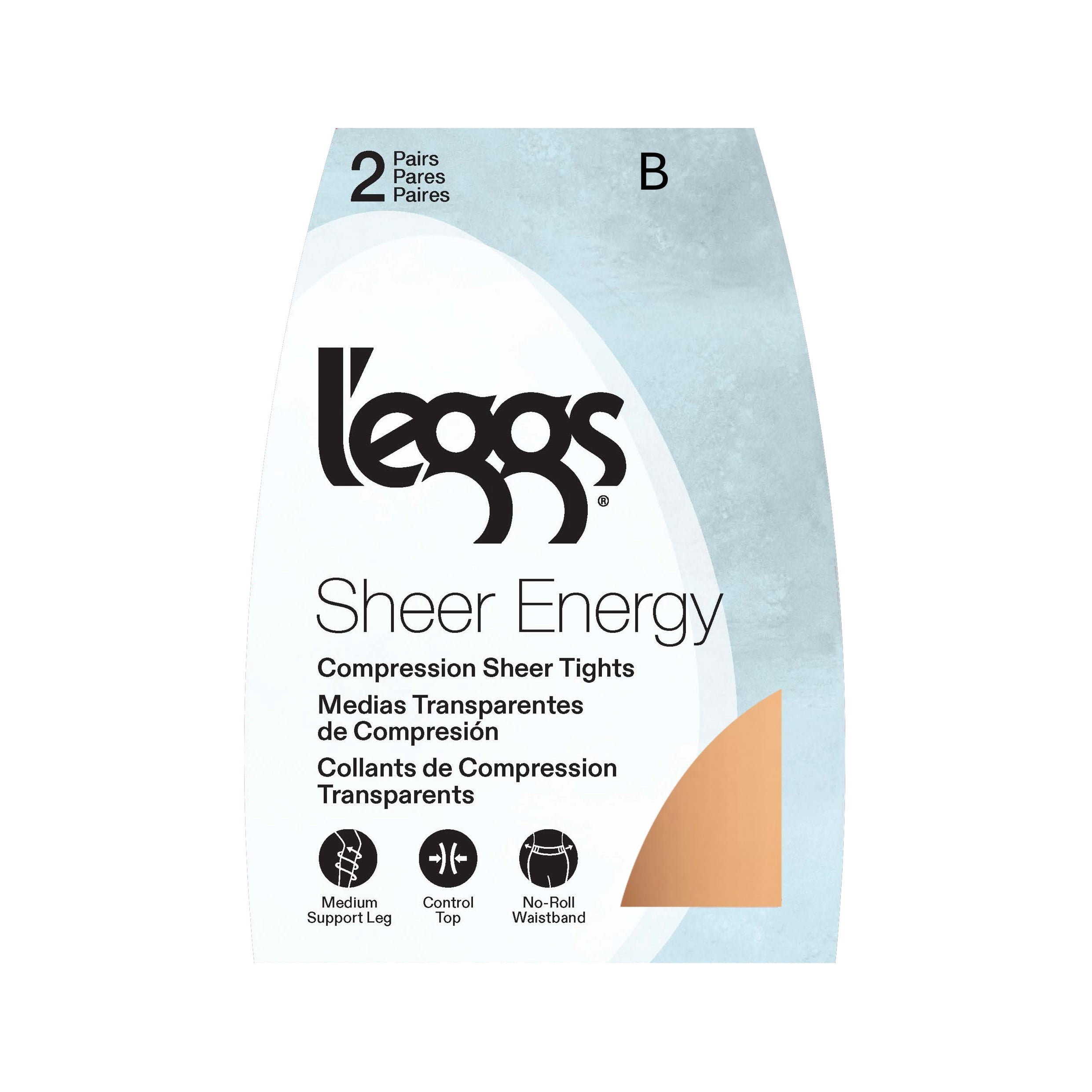 L'eggs Women's Sheer Energy Medium Leg Support Sheer Tights Control Top No-Roll Waistband Sheer Toe, 2 Pair