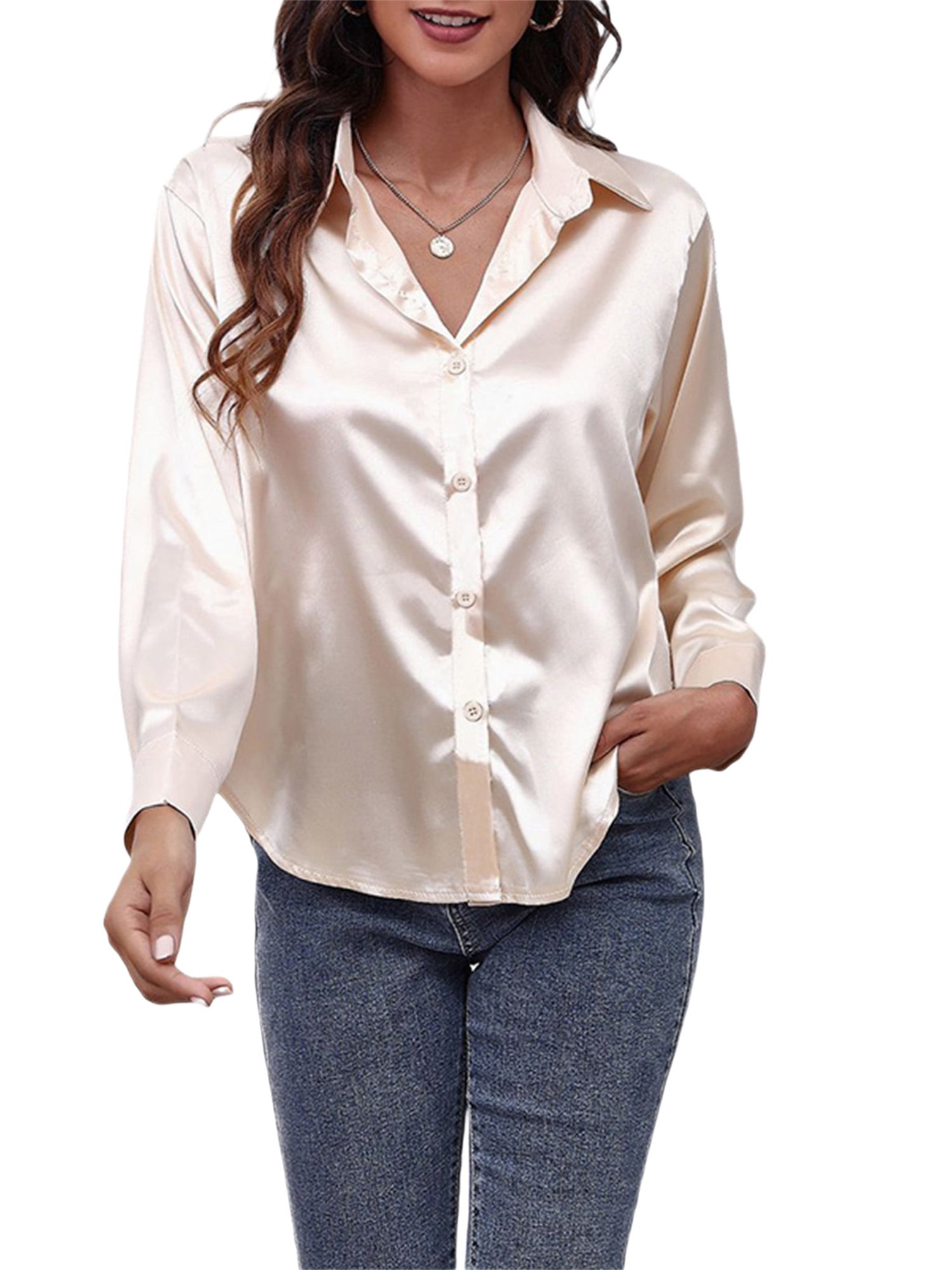 Fashion Satin Blouse for Women Long Sleeve Satin Silk Shirt Work Office Top Casual Shirt