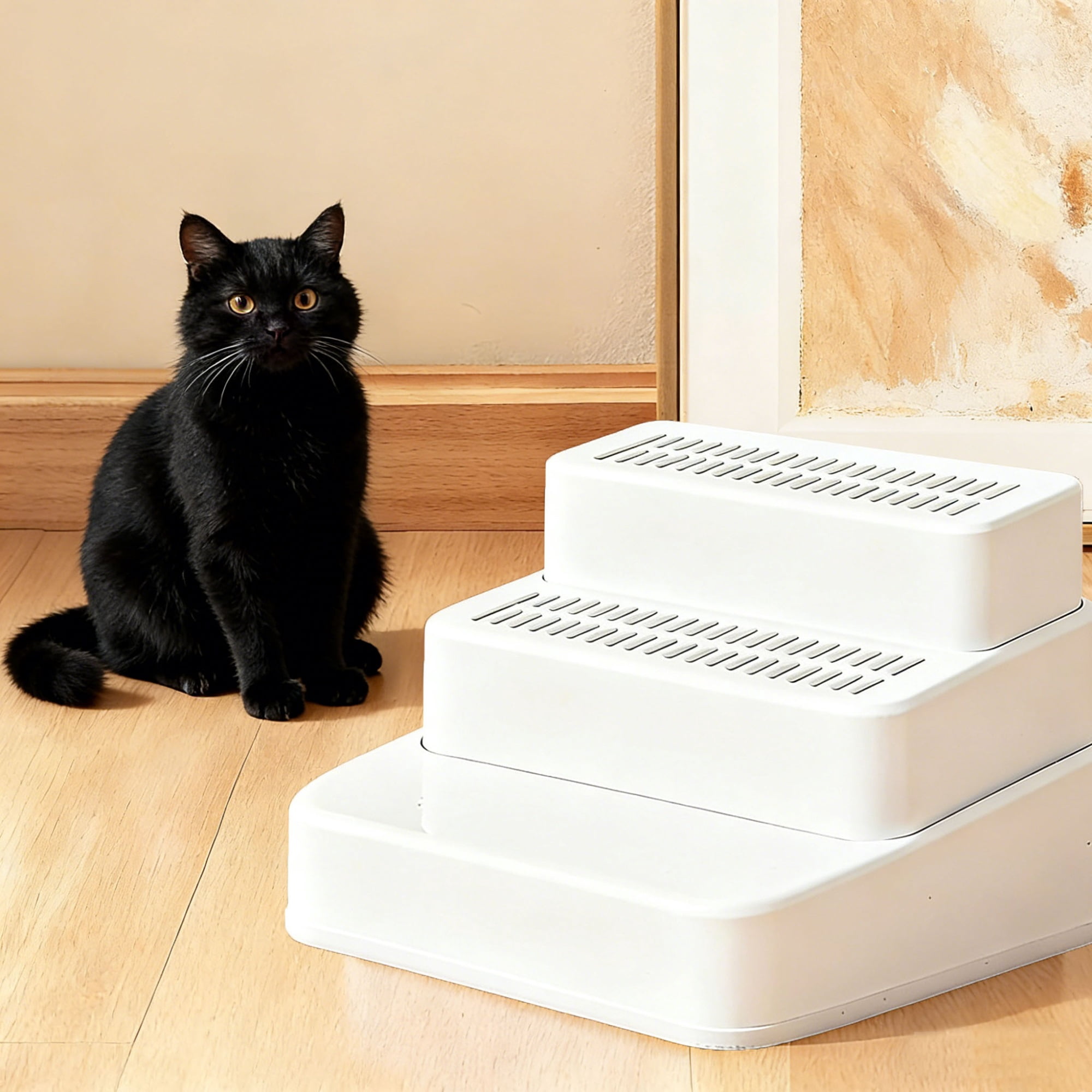 Adjustable 3 Steps Litter Box Ramp with Detachable Litter Trapper,Non-Slip Easy Clean Cat Litter Stair for Small & Elderly Cats,Litter Box Ramp with Filter Function.