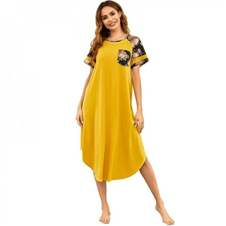 

Sonbest Summer Nightdress Women Short Sleeve Print Breathable Nightgown Homewear Lady Sleepwear Sleepdress Yellow XXL
