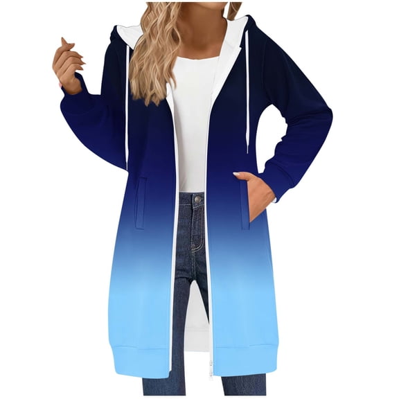 jtjvou Long Zip Up Hoodie Women Oversizwd Fleece Jacket with Pocket Loose Long Sleeve Y2k Sweatshirt Fall Colorblock Clothes Blue S