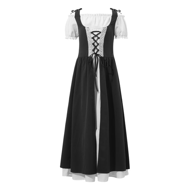 RUNQHUI Robe Princesse à Manches Courtes Lacée Renaissance Médiévale pour Filles Danse Performance Noire 8