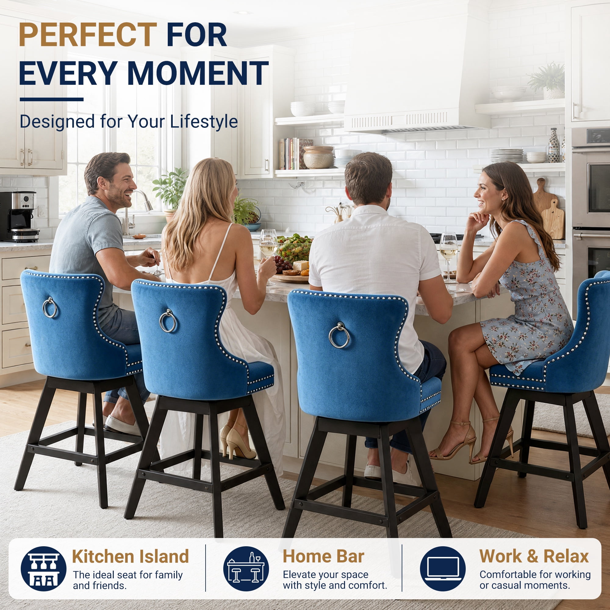 Swivel Bar Stools Set of 4, 26" Counter Height Bar Stools with Back, Farmhouse Velvet Barstools for 34–38" Kitchen Island, Blue (Set of 4)