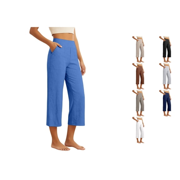 Krdevn Womens High Waist Linen Blend Cropped Pants Wide Leg Casual Loose Fit Trousers with Pockets,M