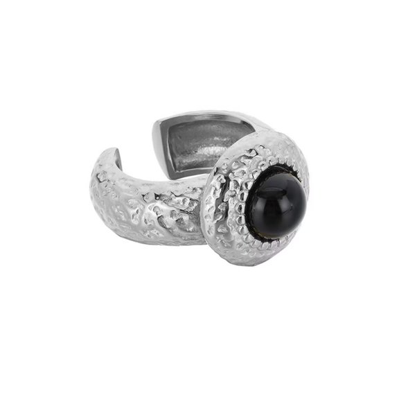 HIJONES Women's Black Gemstone Ring Stainless Steel Comfort Fit Size 9