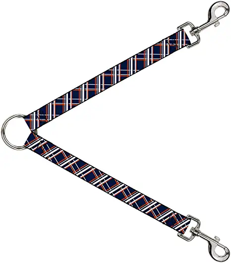 Buckle-Down Dog Leash Splitter Plaid X2 Navy White Orange 1 Foot Long 1 Inch Wide