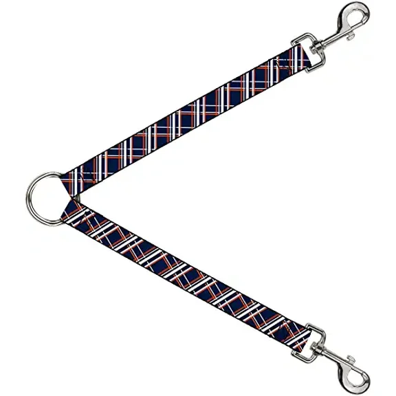 Buckle-Down Dog Leash Splitter Plaid X2 Navy White Orange 1 Foot Long 1 Inch Wide