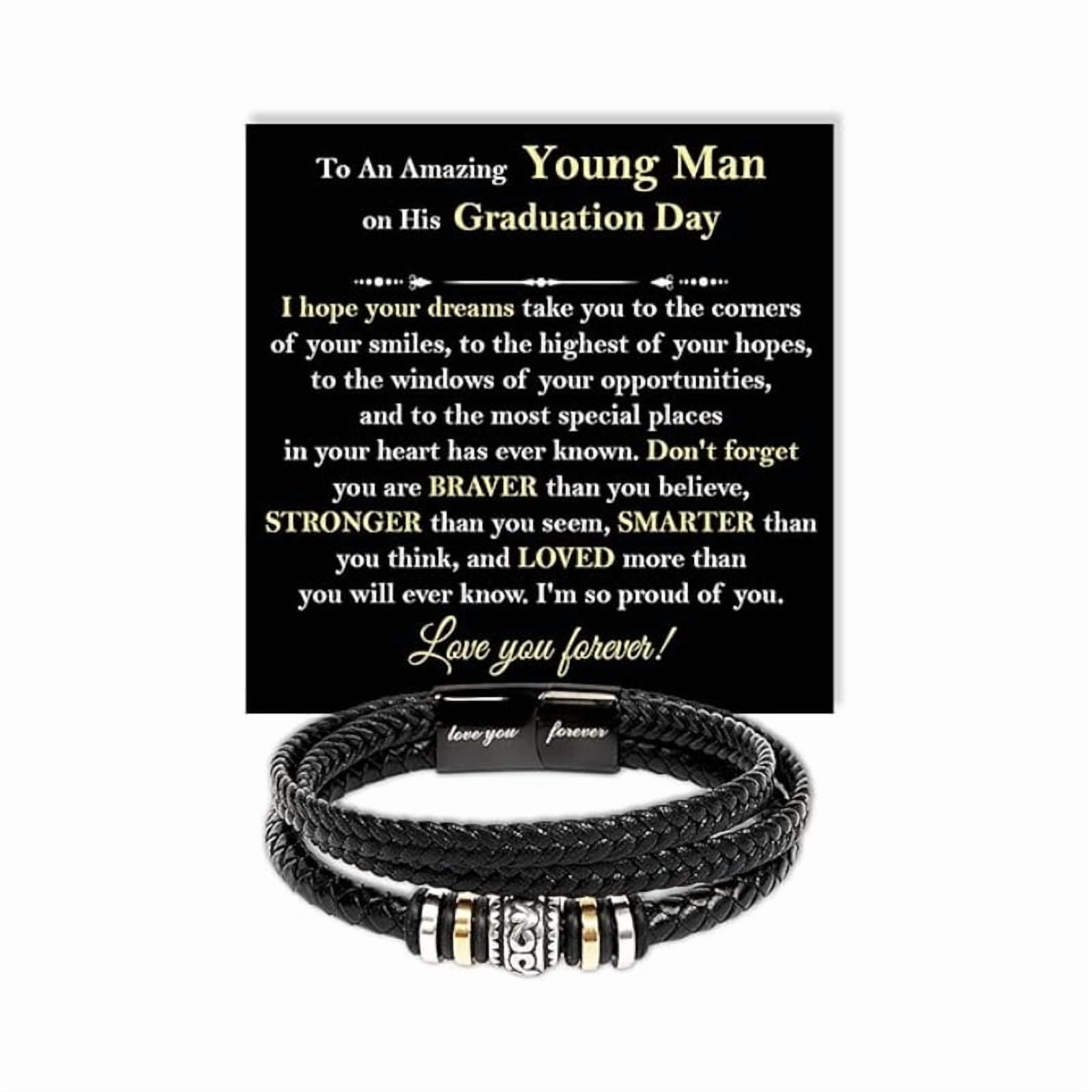 Graduation Bracelet for Young Men Black Multi-Strand Braided Leather-Style Bracelet with Love You Forever Engraving and Inspirational Message Card High School College Graduation Gift for Him