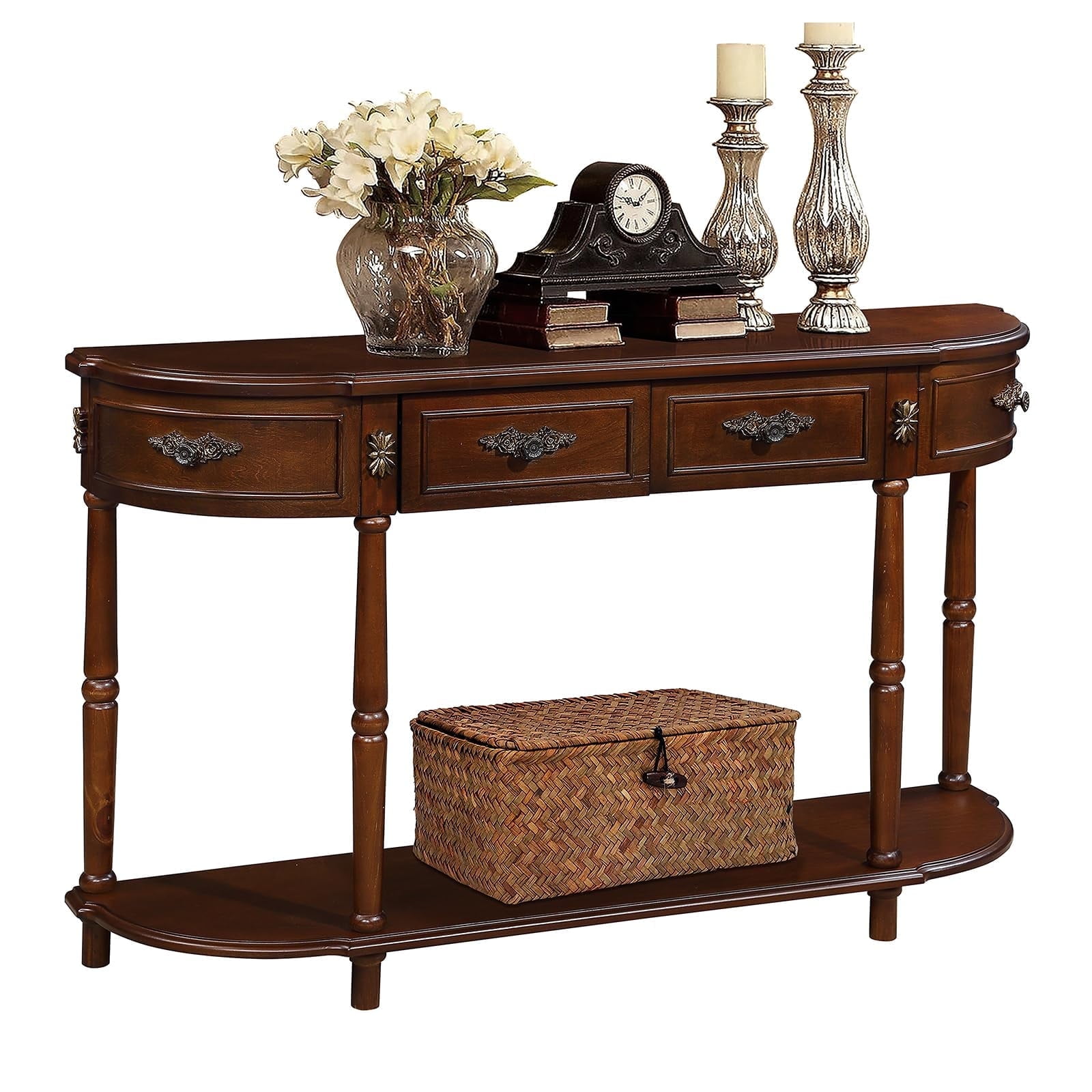 52" Retro Half Moon Console Table - Curved Wood Sofa Table with 2 Drawers & Open Shelf for Entryway, Living Room & Hallway in Cherry