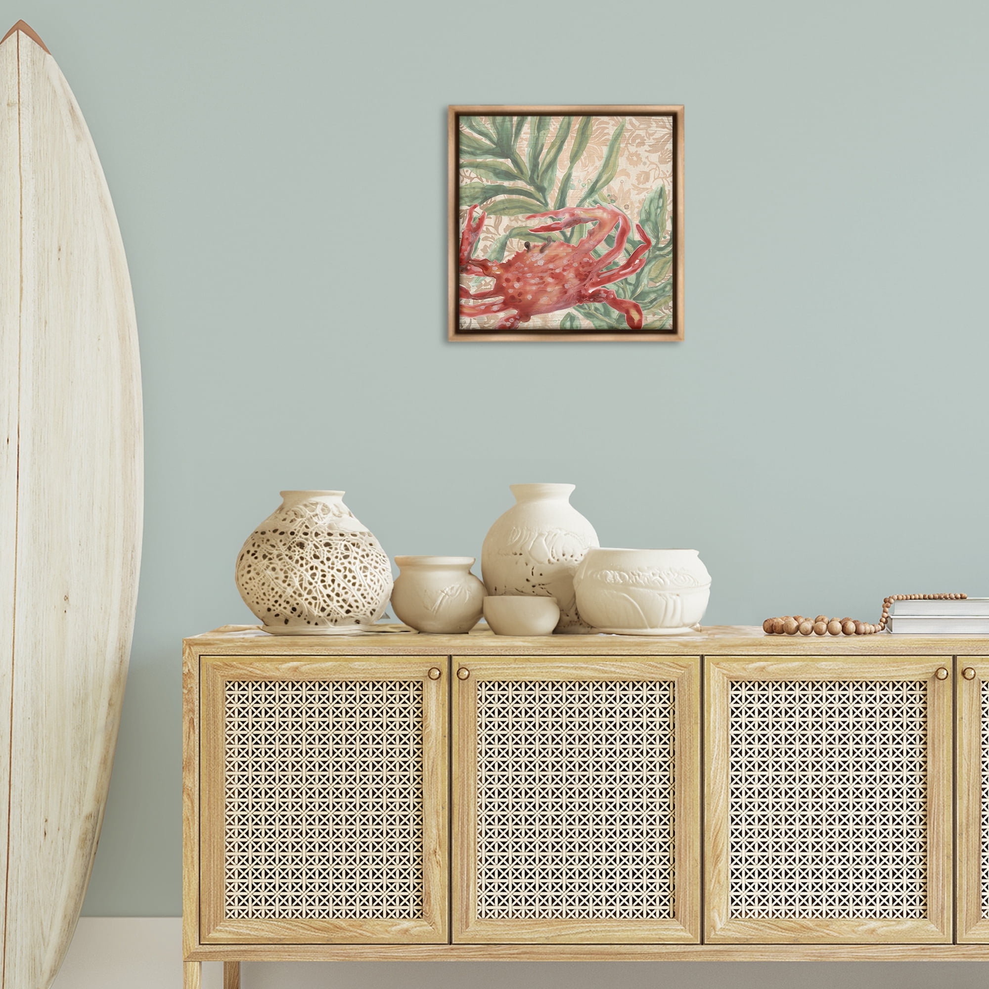 Stupell Industries Crab on Floral Pattern Animals & Insects Painting Brown Floater Framed Canvas Art Print Wall Art, 18 x 18