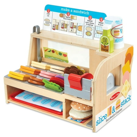 UPC: 0000772316507 | Melissa & Doug Wooden Slice & Stack Sandwich Counter with Deli Slicer – 56-Piece Pretend Play Food Pieces – FSC-Certified Materials