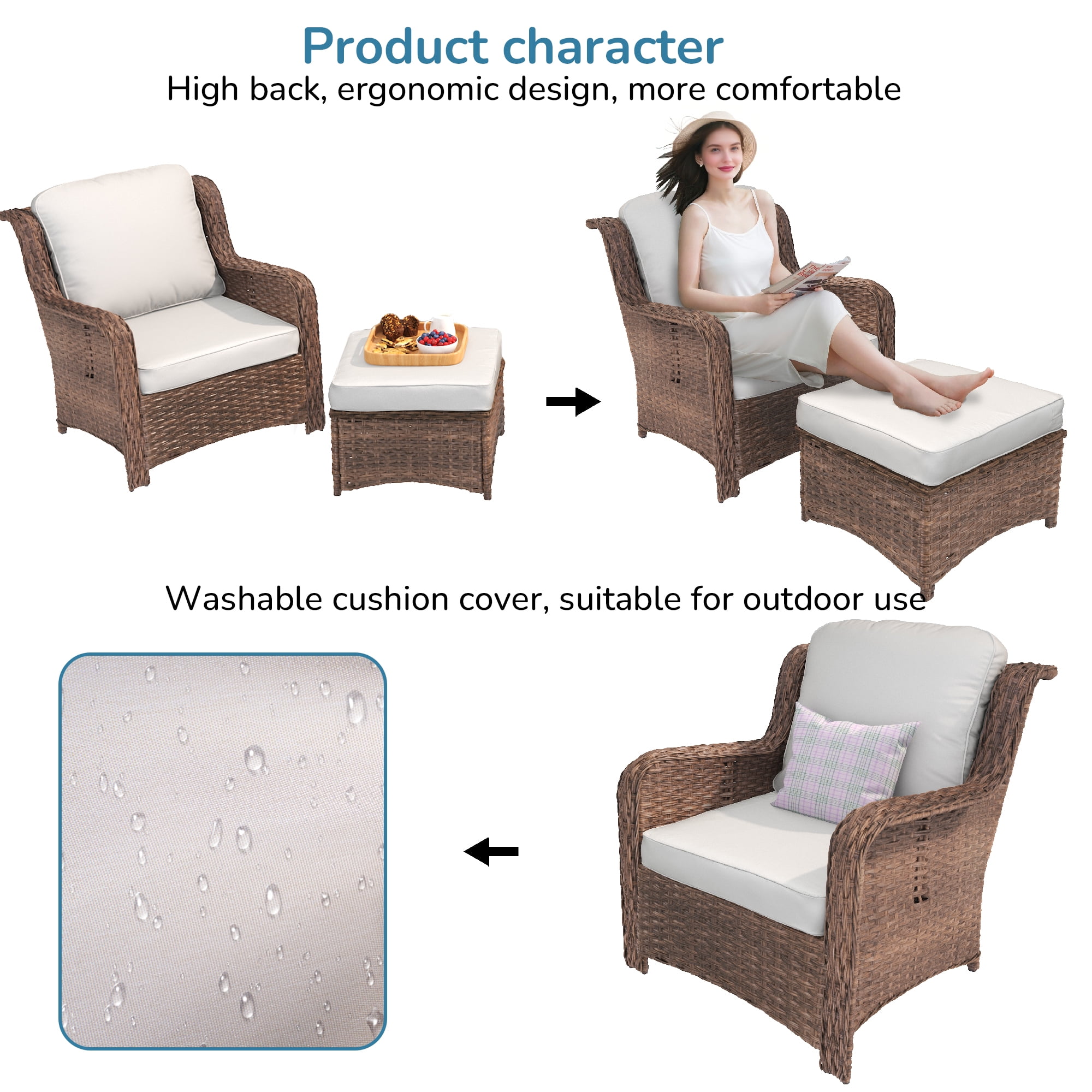 Hzzkey Patio Furniture Set, 5 Pieces Outdoor Sectional Sofa Set, All-Weather Wicker Rattan High Back Patio Conversation Set with Ottoman for Poolside, Backyard, 4.33" Thick Cushions, White
