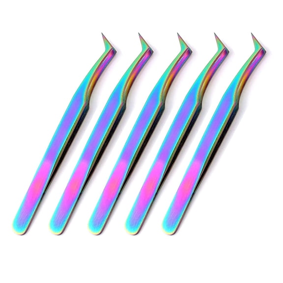 OdontoMed2011® 5 Pieces Stainless Steel Multi Rainbow Color 3d Eyelash Extension Tweezers Semi Angled Jewelry-making, Laboratory Work
