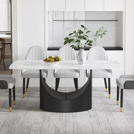 Modern Marble Dining Table 63 Antique White Marble Sintered Stone Top Dining Table Rectangle Dining Room Table with Unique U-Shape Carbon Steel Pedestal Table for Kitchen/Living Room(Table Only)