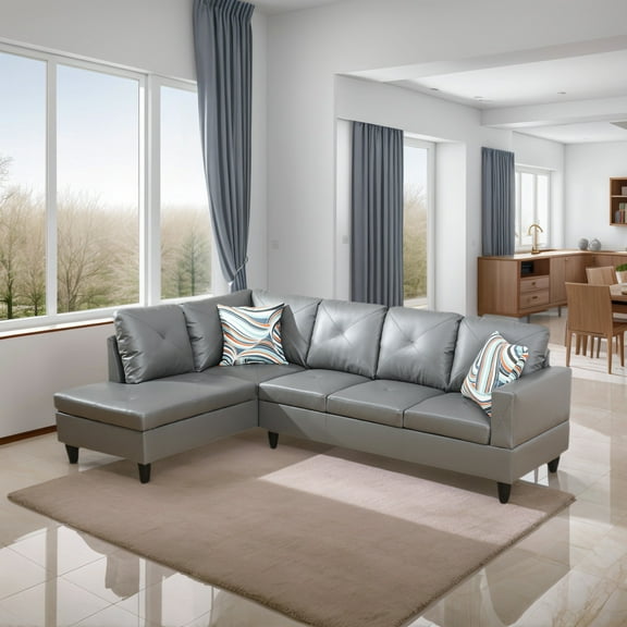 Hommoo 2-Piece Faux Leather L-Shaped Sectional Couches and Sofa Set, Modern Living Room Furniture Set, No Ottoman, Left Side, Dark Grey