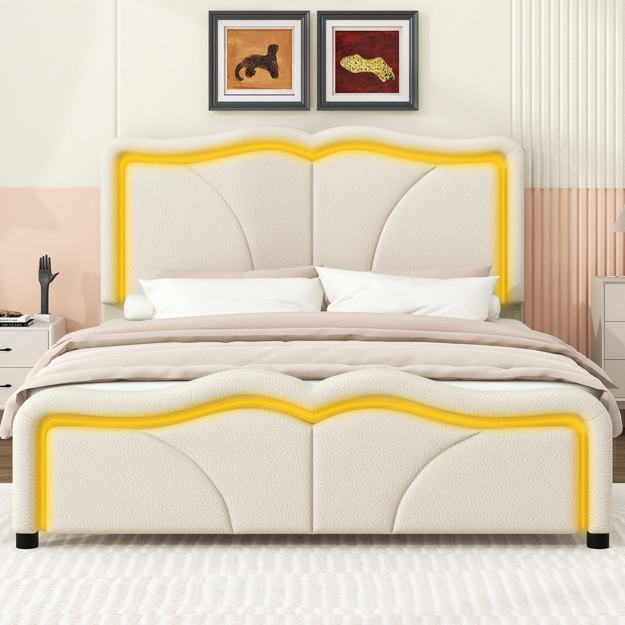 EUROCO Upholstered Full Platform Bed, Cartoon Bed with Adjustable Headboard and LED Light for Toddler Kids Teens Adults, No Box Spring Needed, Beige