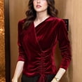 thumbnail image 6 of Qulqfy Women Tops Trendy Red Velvet Long Sleeve Plus Size Shirts Elegant Tie Side V Neck Blouses Spring Tops for Women M, 6 of 6