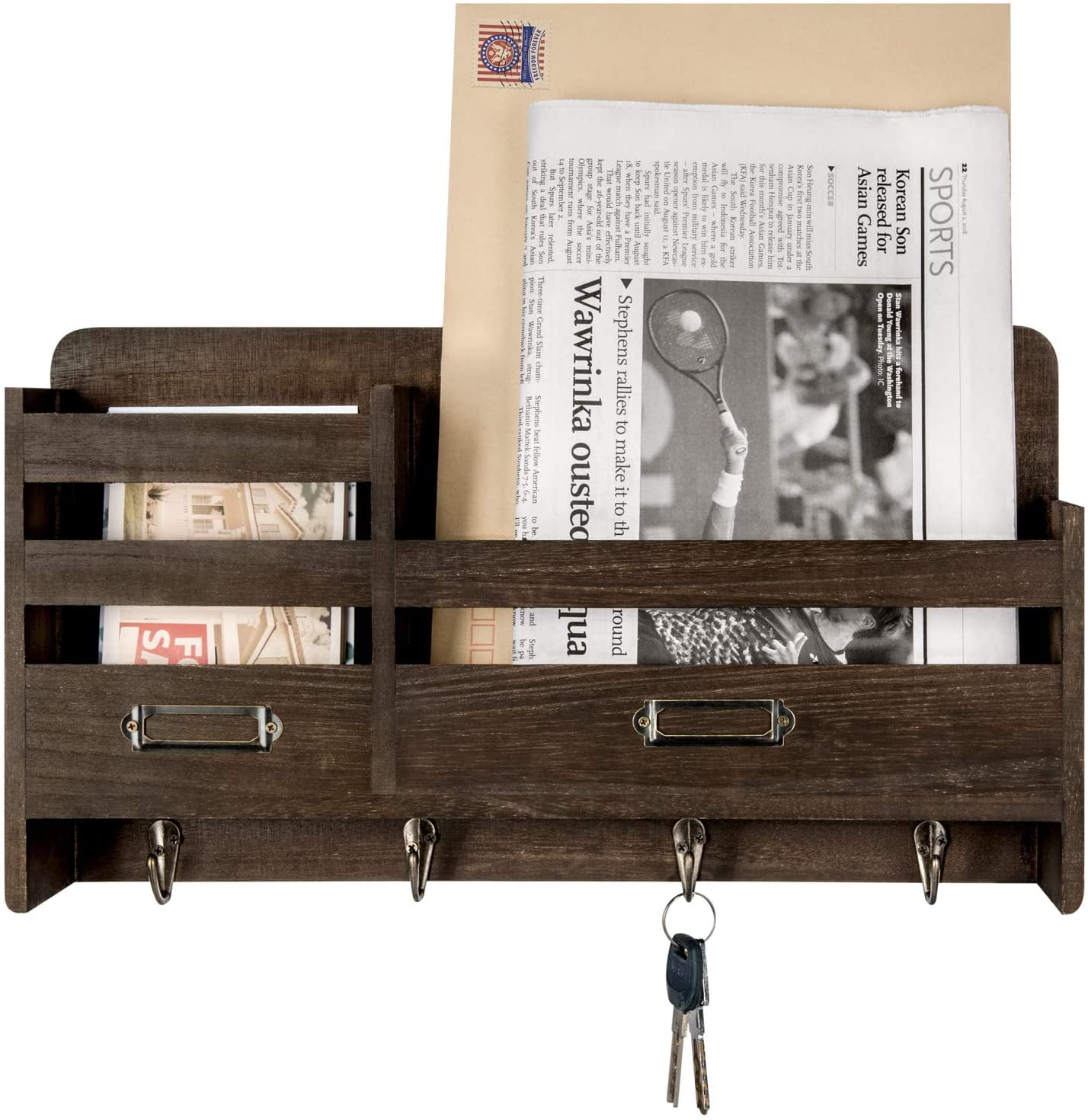 Rustic Create Wall Mounted Mail Sorter with 4 Key Ring Hooks/Key and Mail Holder for Wall/Wood.