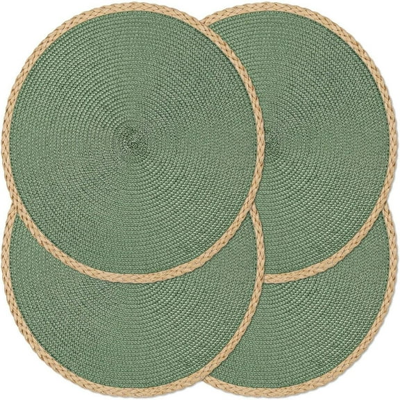 Round Placemats Set of 4, 15 Inch Braided Hand Woven Table Mats, Heat Resistant Non-Slip Wipeable Thin Edge Place Mats for Kitchen Dining Indoor Outdoor Use
