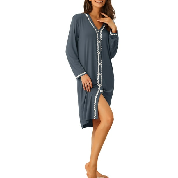 INSPIRAR CHIC Camisones de Mujer con Botones de Manga Larga Vestido de Pijama L Gris