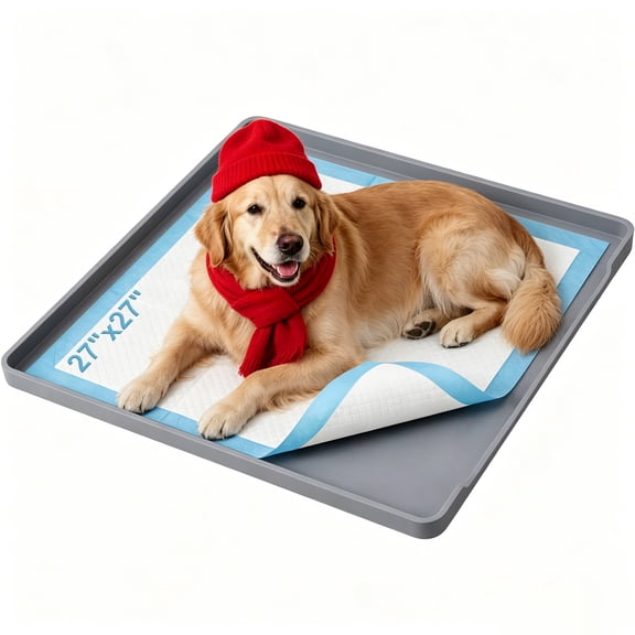 Pee Pad Holder for Dogs, 27"X27" Non-Slip Silicone Puppy Pad Holder with 1-Inch Raised Edge, Floor Protection for Indoor Use, Fits Most Training Pads, Easy to Clean, Grey