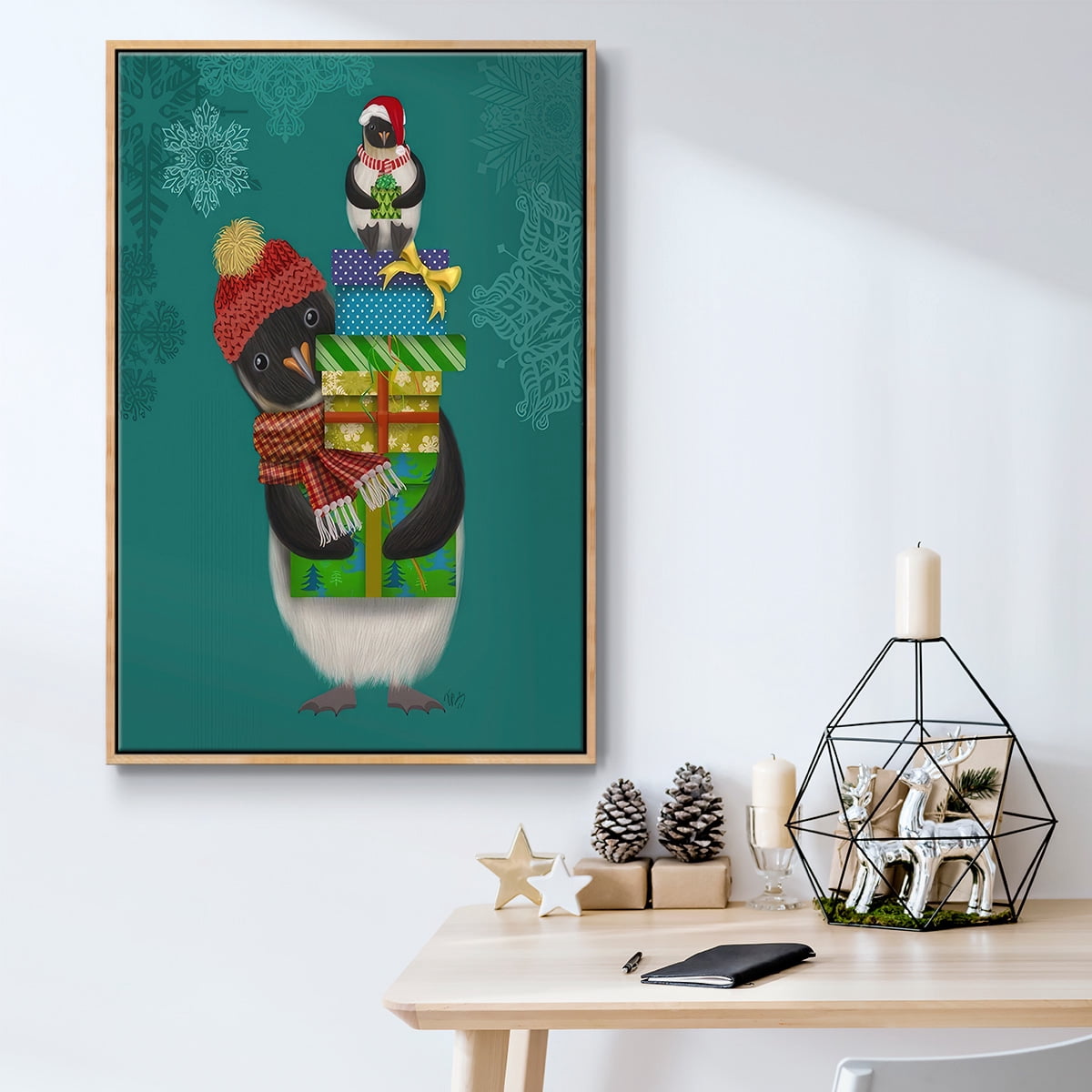 Christmas Penguin Gifts - Framed Gallery Wrapped Holiday Canvas - 27 x 41 - Natural Wood Frame
