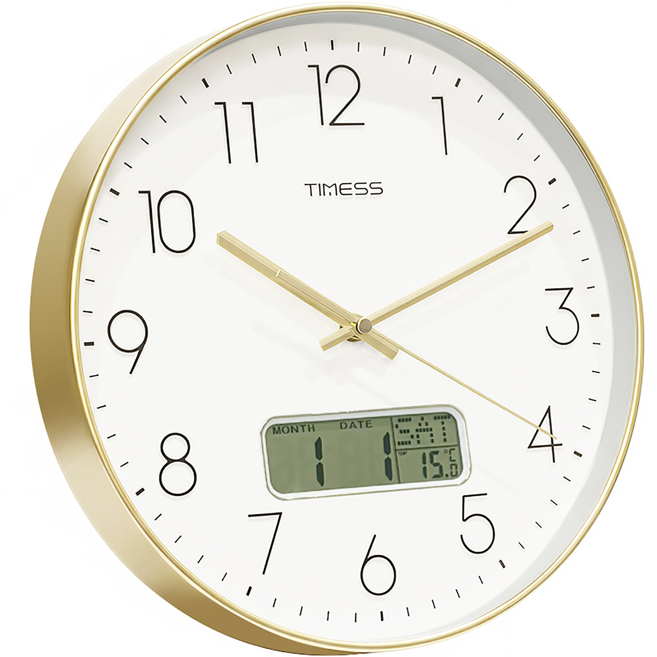 TIMESS 12 Inch Silent Wall Clock with Date Display, Large Easy-Read Numbers, Battery Operated, Modern Home Clock (Gold)